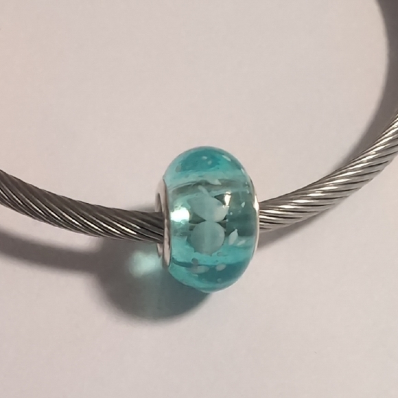 Silver Translucent Blue And White Splattered Charm for Pandora Style Bracelet - Picture 1 of 5